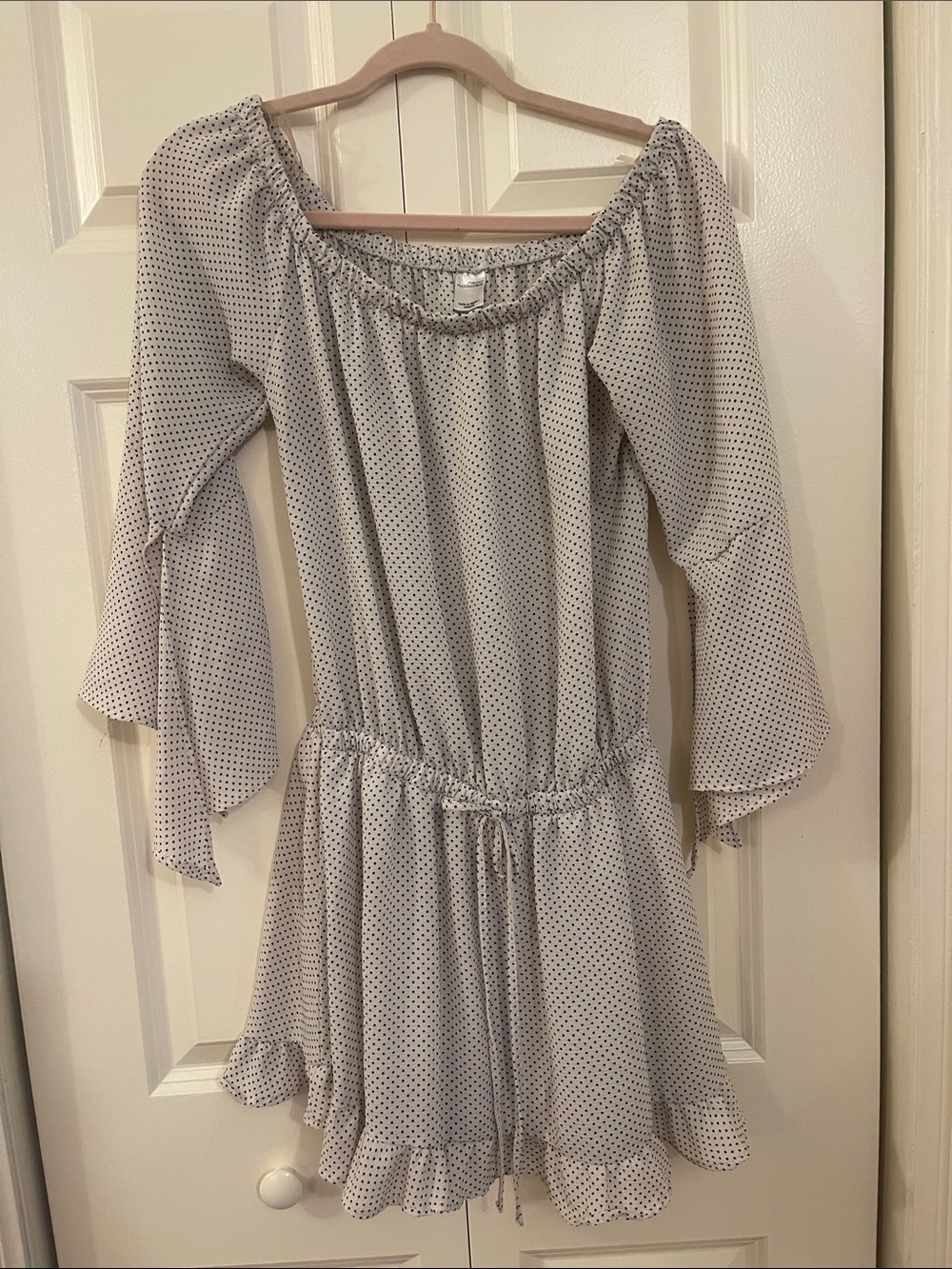 Off-Shoulder White Polka Dot Mini Dress with Built in Romper